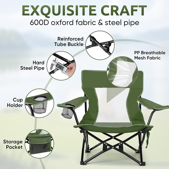 HaSteeL Folding Beach Chair Set of 2, Foldable Green Camping Chairs for Outside, Low Beach Chair Portable for Adults Fishing, Picnic, Outdoor BBQ, Travel, Sports, Cup Holder & Storage Bag - Image 3