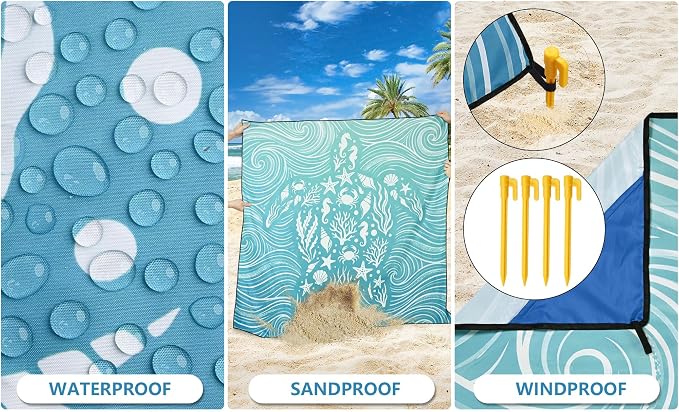 WIWIGO Beach Blanket Waterproof Sandproof Beach Mat 79" X 83"/10'x9'for 2-8 Adults Quick Drying Outdoor Picnic Mat Beach Accessories for Travel, Camping, Hiking - Image 3