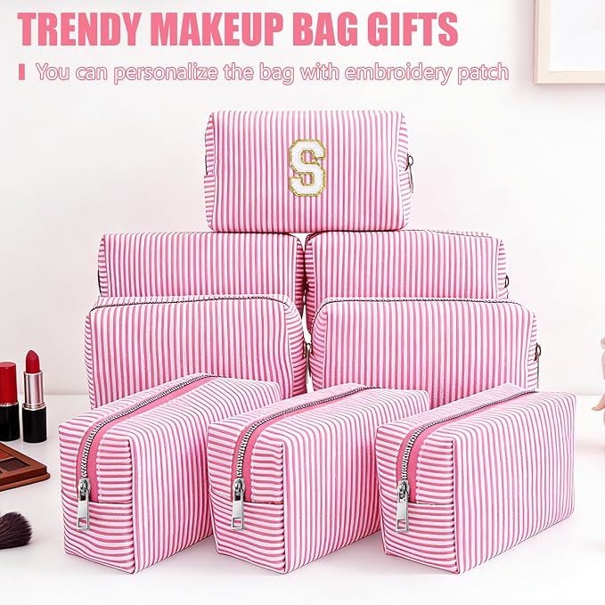 Giesiery 8 Pcs Seersucker Makeup Bags Striped Cosmetic Bags Bulk Organizer for Women Preppy Travel Toiletry Pouch for Wedding Bridesmaid Bride Favor Mom Gift (pink, Medium) - Image 4