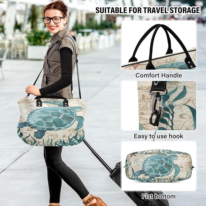 Weekender Bags Travel Duffel Gym Bag Carry on Overnight Tote Bag with Toiletry Bag for Airplane Travel Trip Gym Yoga (Sea Lives Turtle Coral) - Image 6