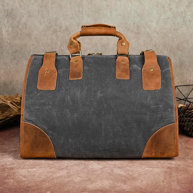 Canvas + Leather Travel Luggage Tote Duffle Gym Suitcase Weekender Overnight Bag For Men Male FB8151 (8151-Gray) - Image 4