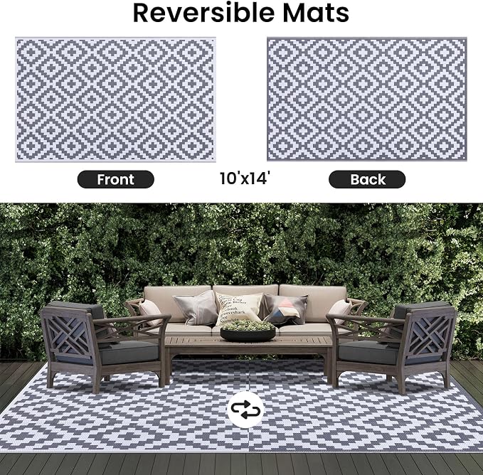 Smiry Waterproof Outdoor Rug 10X14 ft, Reversible Plastic Straw Patio Camping Rugs, Outdoor Indoor RV Mat Carpet for Patio, Outside Entry, Backyard, Deck, Bench, Picnic, Camper, White & Grey - Image 3