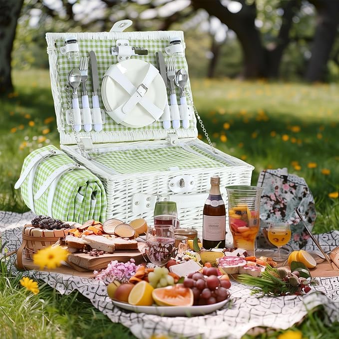 Picnic Basket Set for 4 with Waterproof Blanket Mat Insulation Bag Wicker White Green Plaid Classic Fresh Gift for Christmas Thanksgiving Wedding Birthday Camp Outdoor Beach Travel - Image 3