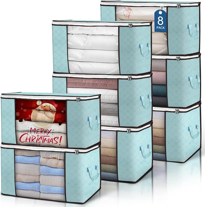 90L Large Storage Bags, 8 Pack Clothes Storage Bins Closet Organizers | Foldable Storage Containers, with Reinforced Handle, for Clothing, Blanket, Comforters, Bed Sheets, Pillows and Toys,Blue by BuddingJoy-BuildaJoyfulLifeforYou