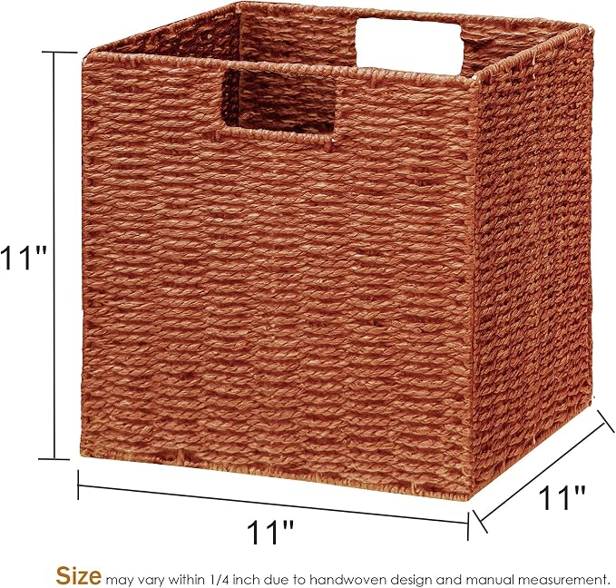 Vagusicc Wicker Storage Basket, Set of 2 Hand-Woven Paper Rope Wicker Baskets, Foldable Cube Storage Bins, 11 inch Storage Basket, Square Baskets for Organizing Shelves & Decor, Orange (11″×11″×11″) - Image 7