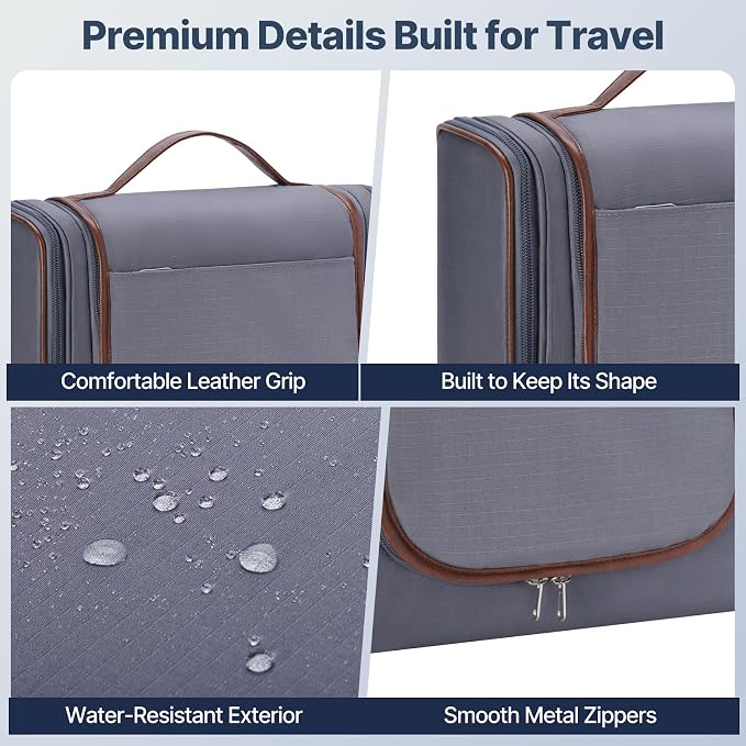 ZAHNI Men’s Hanging Toiletry Bag, Large Capacity Toiletry Organizer | Water-Resistant Toiletry Bag With 360° Hook, Multiple Compartments For Grooming & Shaving, Ideal For Travel & Business, Gray - Image 6