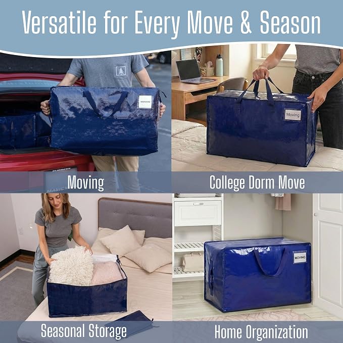 VENO 8 Pack Extra Large Heavy Duty Moving Bags with Wide Opening & Reinforced Handles, Reusable Storage Tote Bags with Strong Zippers for Clothes, College Dorm Essentials & Moving Supplies - Image 6