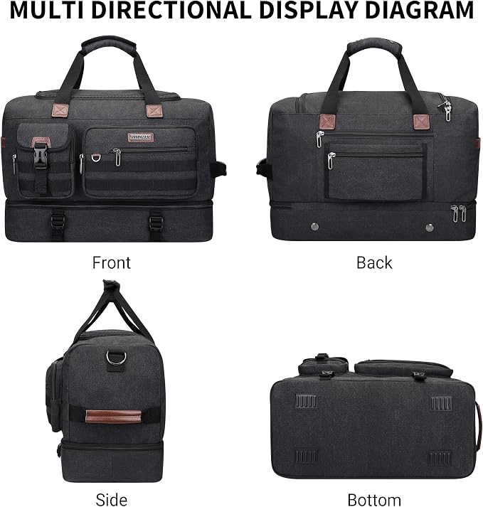 WITZMAN Duffle Bag for Men 50L Travel Canvas Weekender with Toiletry Bag | With Shoe Compartment and Dry-wet Pocket, Convertible, Carry On, One Duffel for Gym, Sports, Overnight, A8010/2 Black - Image 8
