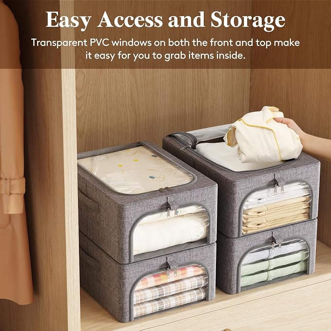Lifewit Clothes Storage Bins with Metal Frame 6 Pack, Fabric Stackable Storage Bags with Lids, Zipper, Foldable Clost Organizers Containers for Clothing, Blanket, Winter Cloth, 25L - Image 6