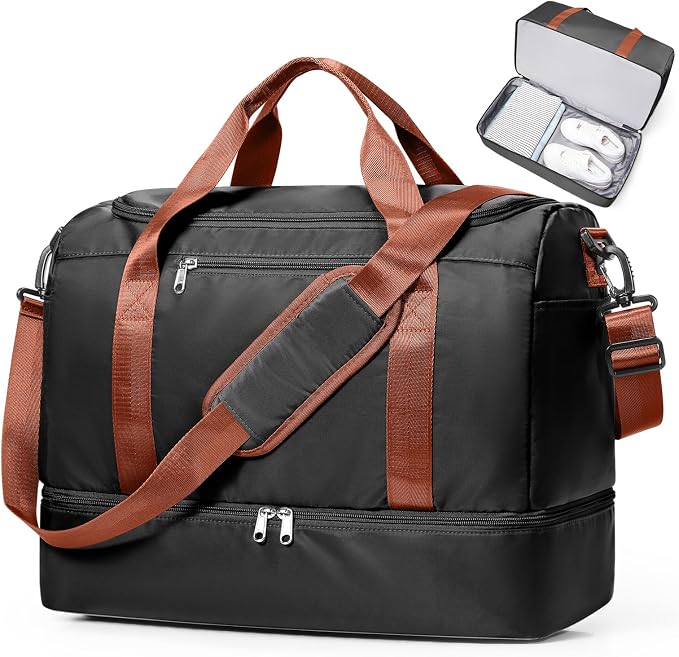 Travel Duffel Bag,Carry-On Overnight Weekender Bags with Shoes Compartment | Travel Bag with Wet Pocket & Luggage Sleeve, For Spirit Airlines 18x14x8 Personal Item Bag,Small,Black & Brown - Image 9