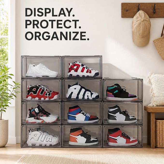 MMBABY 12 Pack Acrylic Shoe Boxes– Ultra Clear Plastic Stackable Sneaker Storage For Sneakerhead. Professional Grade Shoe Display Case with Magnetic Door.Fits US Size 15 (Grey-Side Open) - Image 5