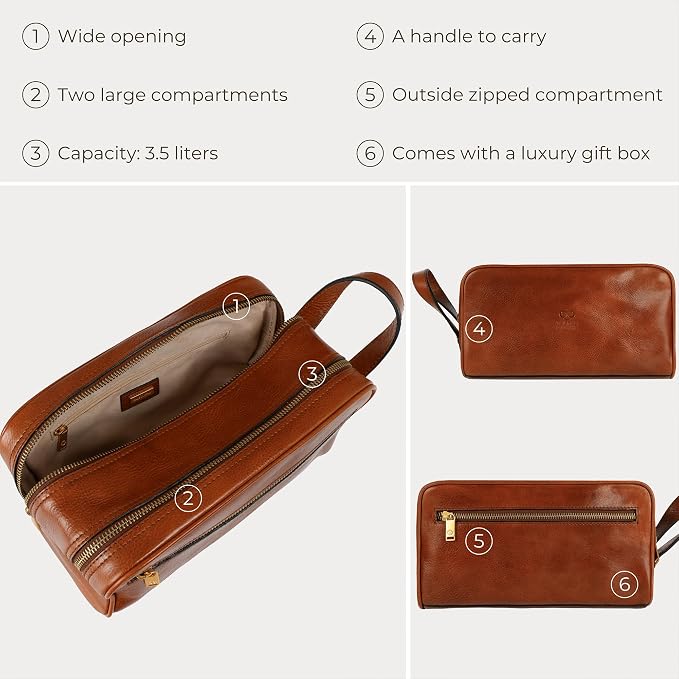 Time Resistance Leather Cosmetic Bag - Italian Toiletry Dopp Kit (Cognac Brown) - Image 6