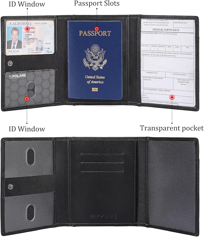 Polare Napa Leather Pilot Wallet Passport Holder RFID Blocking Tri-fold Travel Cover Document Organizer for Aviation Professionals (Black with AirTag Slot) - Image 4
