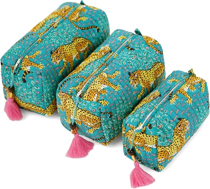 Saffron Marigold Quilted Makeup Bag Set of 3, Hand Block Printed Cotton Cosmetic Bags for Women, Waterproof Lined Travel Toiletry Bag, Coquette Aesthetic, Handmade Gift, Turquoise Cheetah Trails by SaffronMarigold