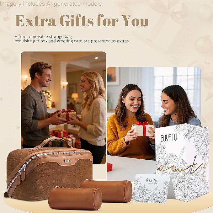 BOYATU Genuine Leather Travel Makeup Bag: Large Capacity 3 Pcs Set Cosmetic Bags for Women - Designer Waterproof Hand-made for Toiletry Organizer - Travel Essentials for Elegance (06Suede-Brown) - Image 6