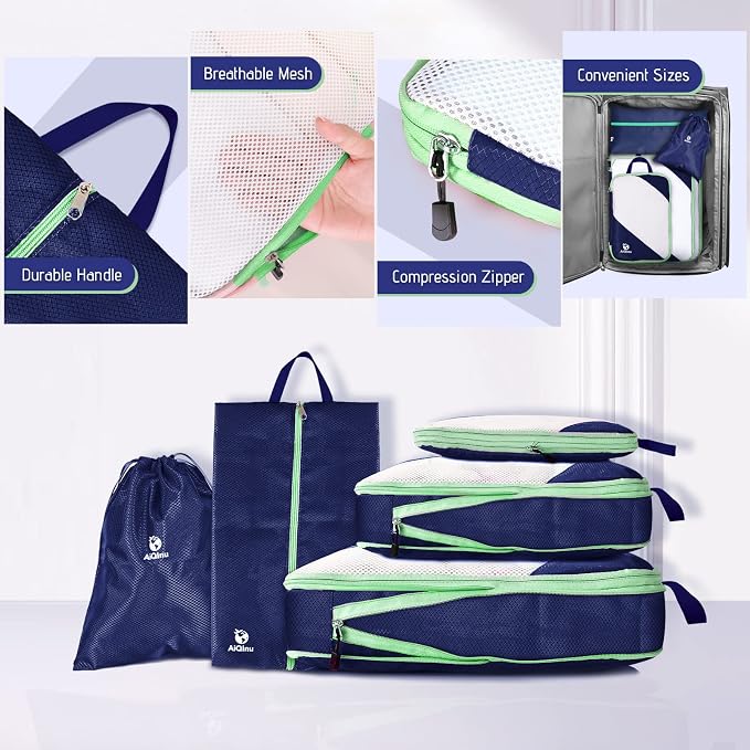 AiQInu Packing Cubes Compression, Pack of 5 Packing Bags, Compression Suitcase Organiser Set with Laundry Bag and Shoe Bag, Ultralight, Expandable, Travel Pack Organiser for Hand Luggage (Dark Blue) - Image 5