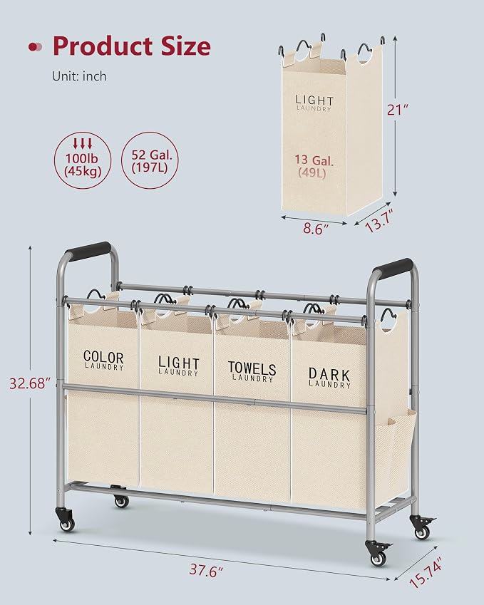 Tajsoon 4 Bag Laundry Sorter Cart, Laundry Sorter 4 Sections, Beige | Laundry Hamper Sorter with Heavy Duty Lockable Wheels, Laundry Separator with Removable Bags, Bedroom, Laundry Room, Bathroom - Image 7