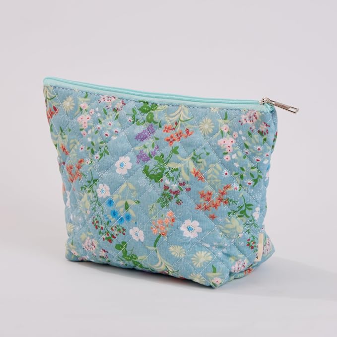 Wildflower Floral Quilted Cotton Cosmetic Zipper Pouch, Large Capacity Makeup Accessories Storage Bag for Women Girls, Aesthetic Coquette Travel Toiletry Organizer (Set of 3) - Image 4