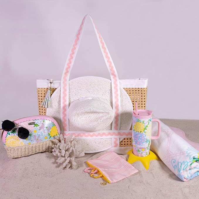 Lilly Pulitzer Water Resistant Vinyl Beach Essentials Paradise Pouch, Zipper Bag Includes 2 Scrunchies, Drink Holder & Towel Stakes (Royal Zoo) - Image 5
