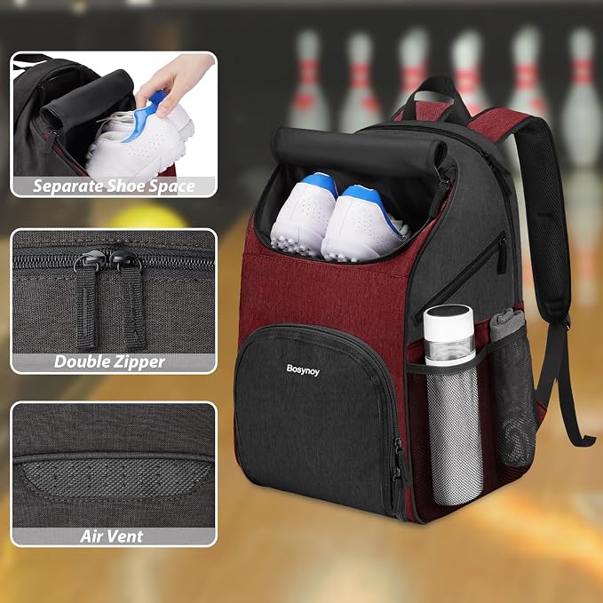 Bosynoy Bowling Backpack, Single Bowling Ball Bag with Shoe Compartment | Bowling Bag Totes with Foam Padded Protection, Fits Shoes Up to US Mens Size 16 and Accessories, Grey - Image 4