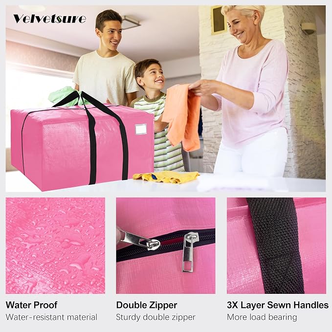 VELVETSURE 12 Pack Heavy Duty Large Moving Bags W/Backpack Straps - Strong Handles & Zippers, Storage Totes For Space Saving, Fold Flat, Alternative to Moving Box and Storage Bin, Pink - Image 3