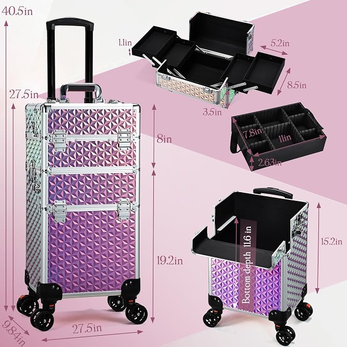 Rolling Makeup Train Case, 3-in-1 Makeup Trolley, Cosmetology Case on Wheels, Travel Makeup Organizer Case for Salon Barber Cosmetology Students, Nail Technicians, Hairstylists, and MUAs, Shiny Pink - Image 6