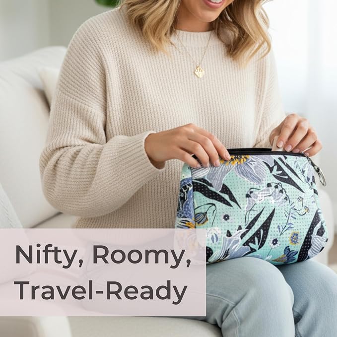 POPUPS Brand Large Makeup Bag with Zipper - Neoprene Machine Washable Travel Toiletry Cosmetic Organizer Pouch for Women (Print Blossom Mint) - Image 7