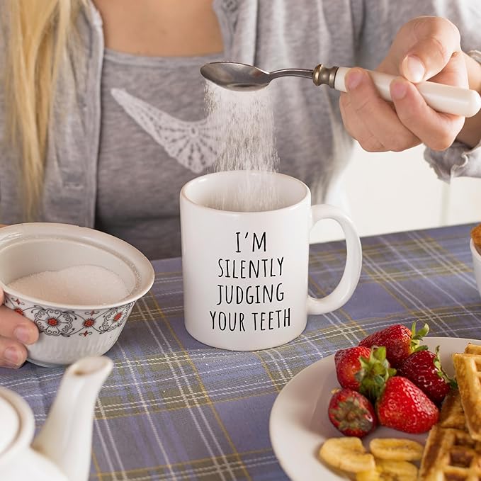 Funny Dentist Mug, Dentist Gifts for Women Men Ceramic Coffee Cup, Dental Assistant Hygienist Gifts, I'm Silently Judging Your Teeth Dental Coffee Tea Mugs 11 oz