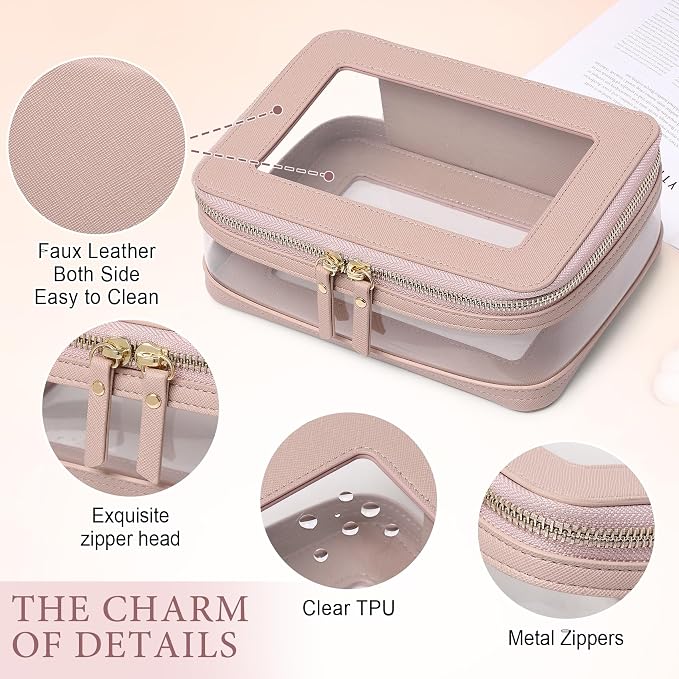 Pinkmik Clear Makeup Bag with Brush Case Travel Toiletry Bag Waterproof Cosmetic Organizer Car Essentials for Women (Pink, M+SLIM-1) - Image 5
