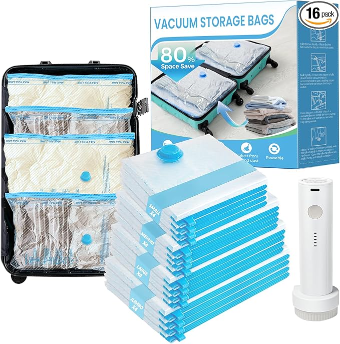 ANBIUX Vacuum Bags for Travel with Rechargeable air Pump, 16 Pack Carry-on Size Compression Packing Bags for Luggage and Suitcase, Space Saver for Clothes and Clothing Travel 16 PACK+PUMP by ANBIUX