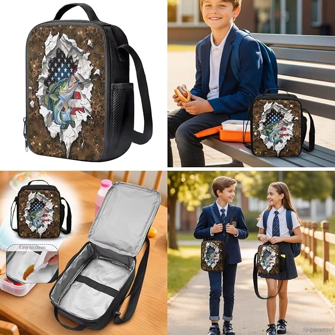 GIFTPUZZ 4 in 1 Hunting Camo Fish American Flag Kids Backpack Set | Patriotic School Bookbag with Lunch Box for Elementary Boys, Zippered Pencil Pouch, Water Bottle Holder, Travel, Ages 6-8 - Image 4