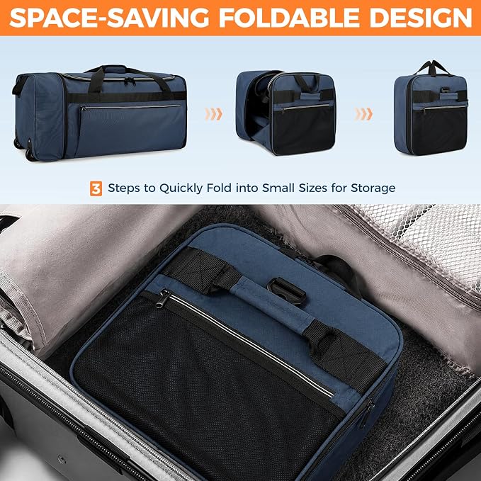 Uarition 70L Foldable Rolling Duffle Bag with Wheels, 28” Large Duffle Bag for Travel, Carry On Luggage Duffel Bag for Traveling/Camping/Moving, Water Resistant, Blue - Image 4