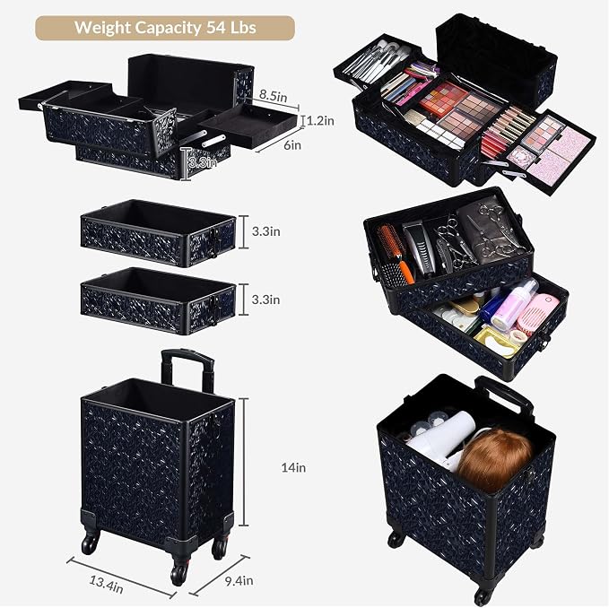 BYOOTIQUE Rolling Makeup Case 4in1 Cosmetology case on wheels Makeup Artist | Aluminum Rolling Makeup Suitcase with 360 Detachable Wheel Lockable 54Lb Large Capacity Organizer Nail Tech Mermaid Black - Image 2