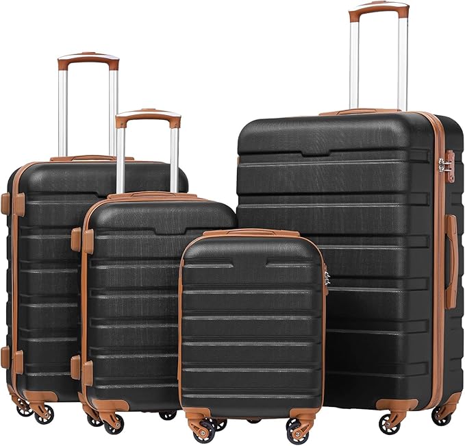 Coolife Luggage Set, Lightweight Durable Hardshell, 4 piece, Apricot Black | suitcase set with 360° Spinner Wheels, TSA-approved Lock, Checked Family Travel, 16/20/24/28 Inch by COOLIFE