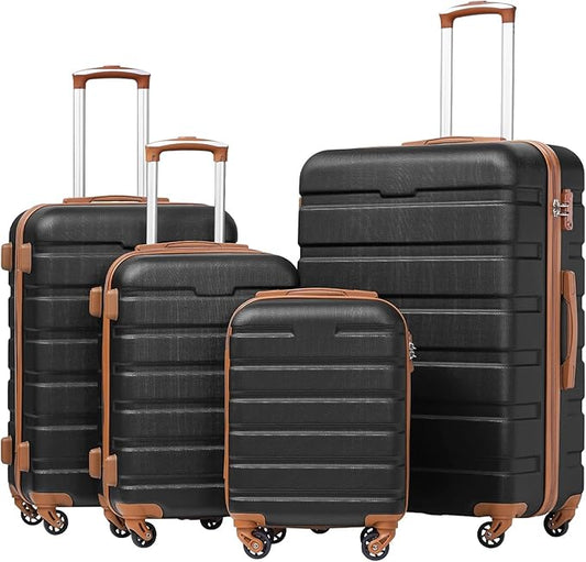 Coolife Luggage Set, Lightweight Durable Hardshell, 4 piece, Apricot Black | suitcase set with 360° Spinner Wheels, TSA-approved Lock, Checked Family Travel, 16/20/24/28 Inch by COOLIFE