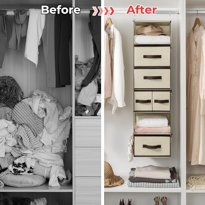 GRANNY SAYS Hanging Closet Organizers and Storage 6 Shelves, Closet Hanging Organizer with 5 Drawers, 6 Side Pockets Hanging Storage Organizer, Portable Clothes Organizer for Closet, Beige - Image 8