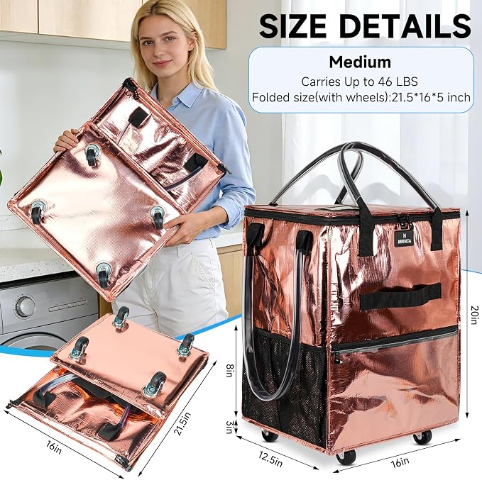 Reusable Grocery Bag On Wheels, 70L Foldable Rolling Tote Bag with 6 Pockets, Heavy Duty Shopping Cart, Collapsible Portable Shopping Cart, Zipper Closure for Travel Shopping Moving, Medium, Rose Gold - Image 2