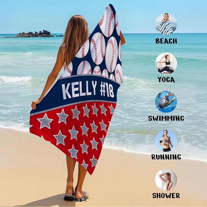 Personalized Beach Towel With Name, Custom Beach Towel with Text, Customized Microfiber Pool Towel, Quick Dry & Absorbent Swim Towel for Adult,Anniversary, Birthday, Summer Holiday,Vacation,Baseball - Image 6