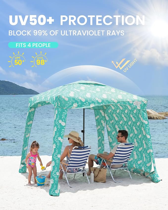 Qipi Beach Cabanas for Sand, Beach Canopy with Sandbags & Side Wall for Family, Easy Set Up Sun Shelter, UPF 50+ UV Protection with Roof Vent - Image 3
