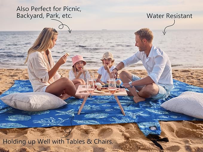 WEKAPO Beach Blanket Waterproof Sandproof Oversized, Extra Large Beach Mat Sand Free, Lightweight & Compact Sand Free Mat with 5 Stakes & 4 Corner Pockets - Image 4