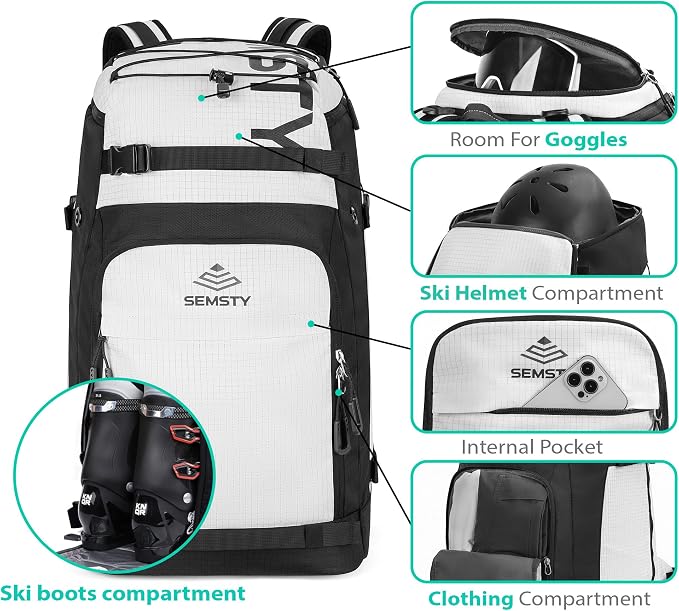 Ski Boot Bag, 55L/70L Waterproof Ski and Snowboard Boots Travel Backpack for Skis, Snowboard, Ski Helmet, Goggles, Gloves & Accessories - Image 3