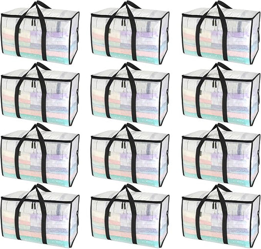 BALEINE 12-Pack Oversized Moving Bags with Reinforced Handles, Heavy-Duty Storage Tote for Clothes, Moving Supplies (Clear, 12-Pack) by BALEINE
