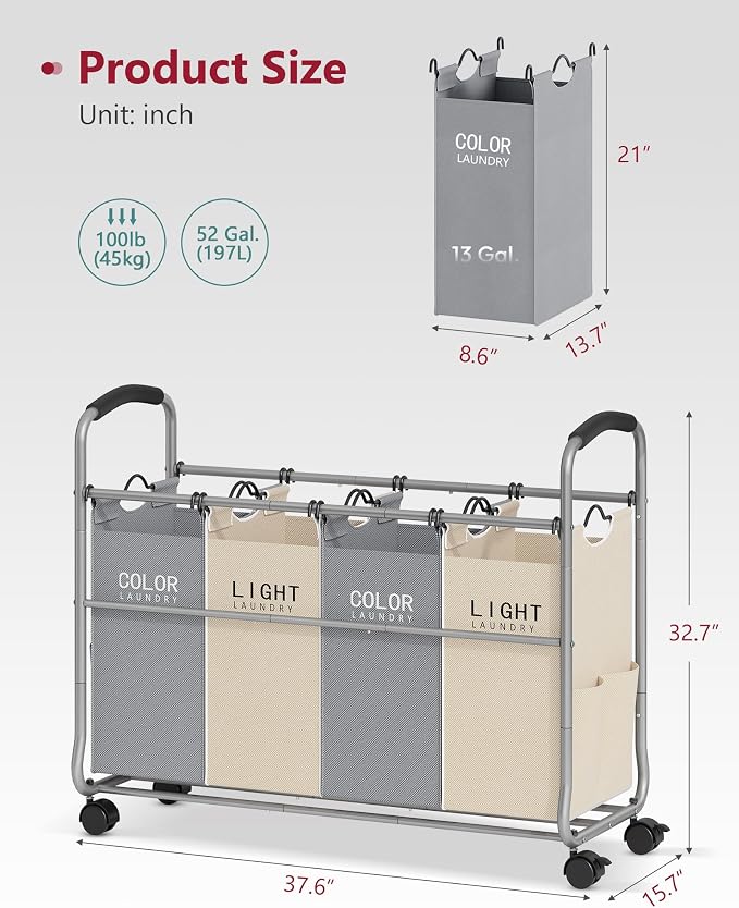 Tajsoon Laundry Sorter 4 Sections with Removable Bags, Beige & Grey | Laundry Separator Hamper with Heavy Duty Lockable Rolling Wheels, Laundry Divider for Dirty Clothes Storage - Image 7