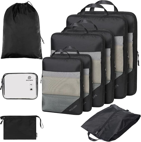 PFEYRPK Lightweight Compression Packing Cubes for Suitcases, Compressible Expandable Travel Packing Organizer with Clear Toiletries and Backpack Bag, Travel Essentials for Carry on Luggage 7 Set by PFEYRPK