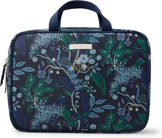 RIFLE PAPER CO. Travel Toiletry and Cosmetic Case | Multi Pocket Makeup Organizer Bag, Zipper Closure, Removable Clear Pouch, Lay Flat Design | Peacock Pattern by RiflePaperCo