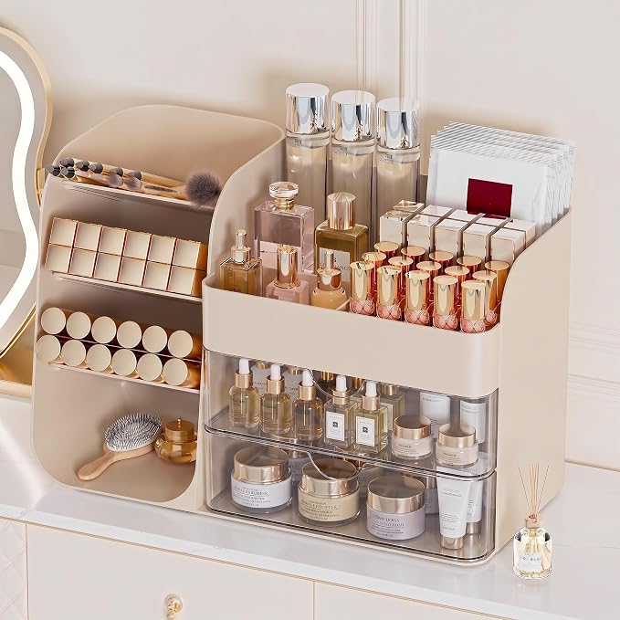 Booklov Small Makeup Organizer for Vanity and Bathroom Countertop, Cream | Clear Acrylic Cosmetic Display Case, Beauty Brush Holder for Dresser Counter Skincare Eyeshadow Lipstick Perfume Storage - Image 9