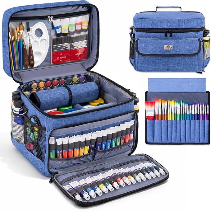 JJRING Acrylic Paint Organizer Bag With Adjustable Dividers, Blue | Versatile Art Supply Storage Case With 12-Slot Brush Holder & Clear Zipper Pocket For Multi-Size Bottles, Travel Tote by JJRING