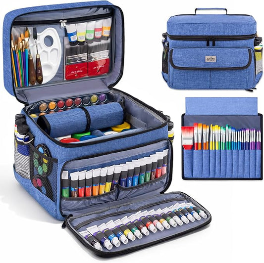 JJRING Acrylic Paint Organizer Bag With Adjustable Dividers, Blue | Versatile Art Supply Storage Case With 12-Slot Brush Holder & Clear Zipper Pocket For Multi-Size Bottles, Travel Tote by JJRING