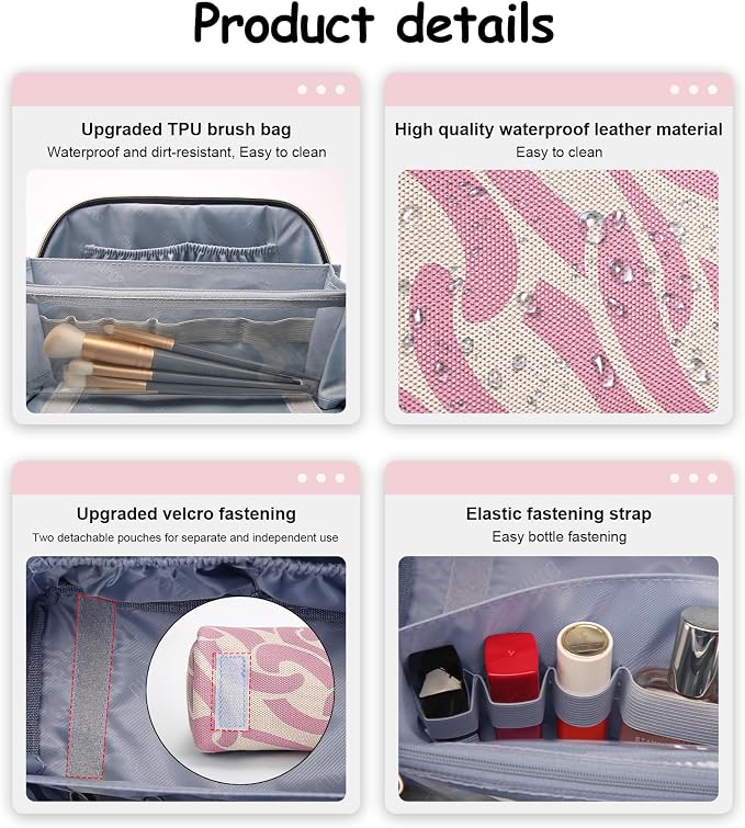 BOYATU Travel Makeup Bag for Women: Large Capacity 3-Piece Cosmetic & Toiletry Organizer - Expands Storage by 50% with 2 Detachable Pouches,Opens Flat for Easy Packing,Waterproof PU Leather(Pink) - Image 6