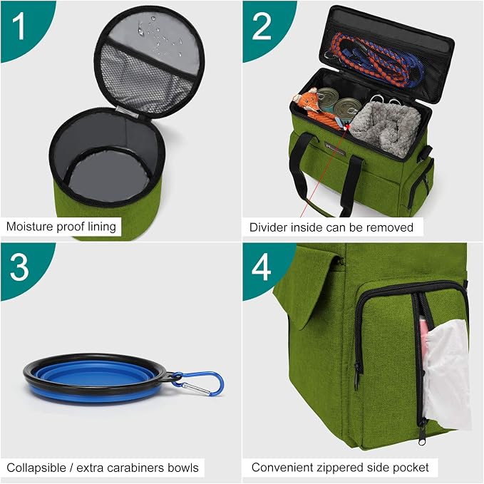 Modoker Dog Travel Bag with 2 Food Bags, 2 Bowls and 1 Mat (Green) | Roomy Main Compartment | Multiple Functional Pockets | Water-Resistant Oxford Fabric | PVC Backing | Leak-Resistant Lining - Image 4